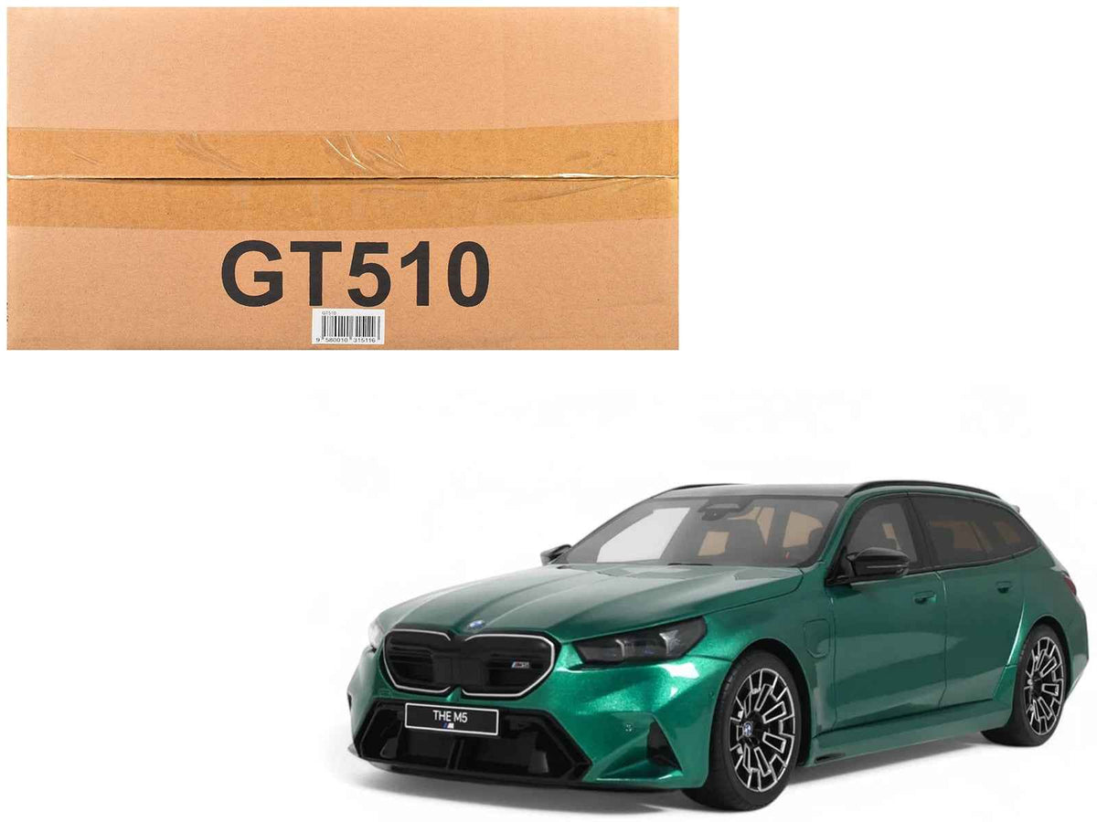 Miniature 1/18 BMW M5 Touring G99 model car by GT Spirit in Isle of Man Green metallic with black roof, detailed automotive replica.