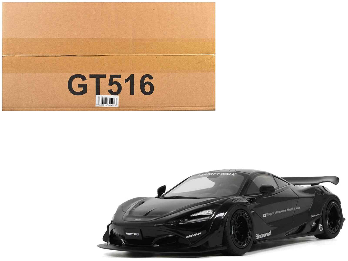Black 2023 McLaren 720S LB-Works miniature model car by GT Spirit, detailed 1/18 scale replica with premium finish.