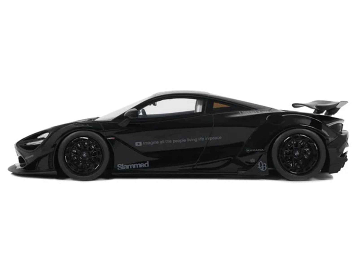 Black 1/18 scale McLaren 720S LB-Works model car by GT Spirit, detailed miniature replica from Miniature Motors.