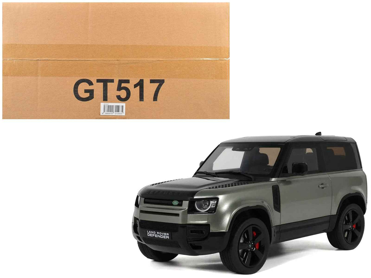 Miniature Land Rover Defender 90 P400 X-Dynamic HSE model car in Pangea Green metallic by GT Spirit, detailed 1/18 scale collectible.