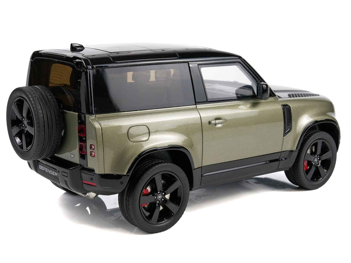 Miniature Land Rover Defender 90 P400 X-Dynamic HSE model car in Pangea Green Metallic by GT Spirit, detailed 1/18 scale collectible.