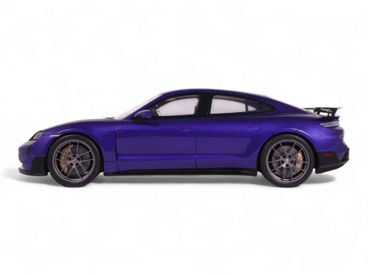 Miniature Porsche Taycan Turbo GT model car in Purple Sky Metallic by GT Spirit, detailed 1/18 scale Porsche model.