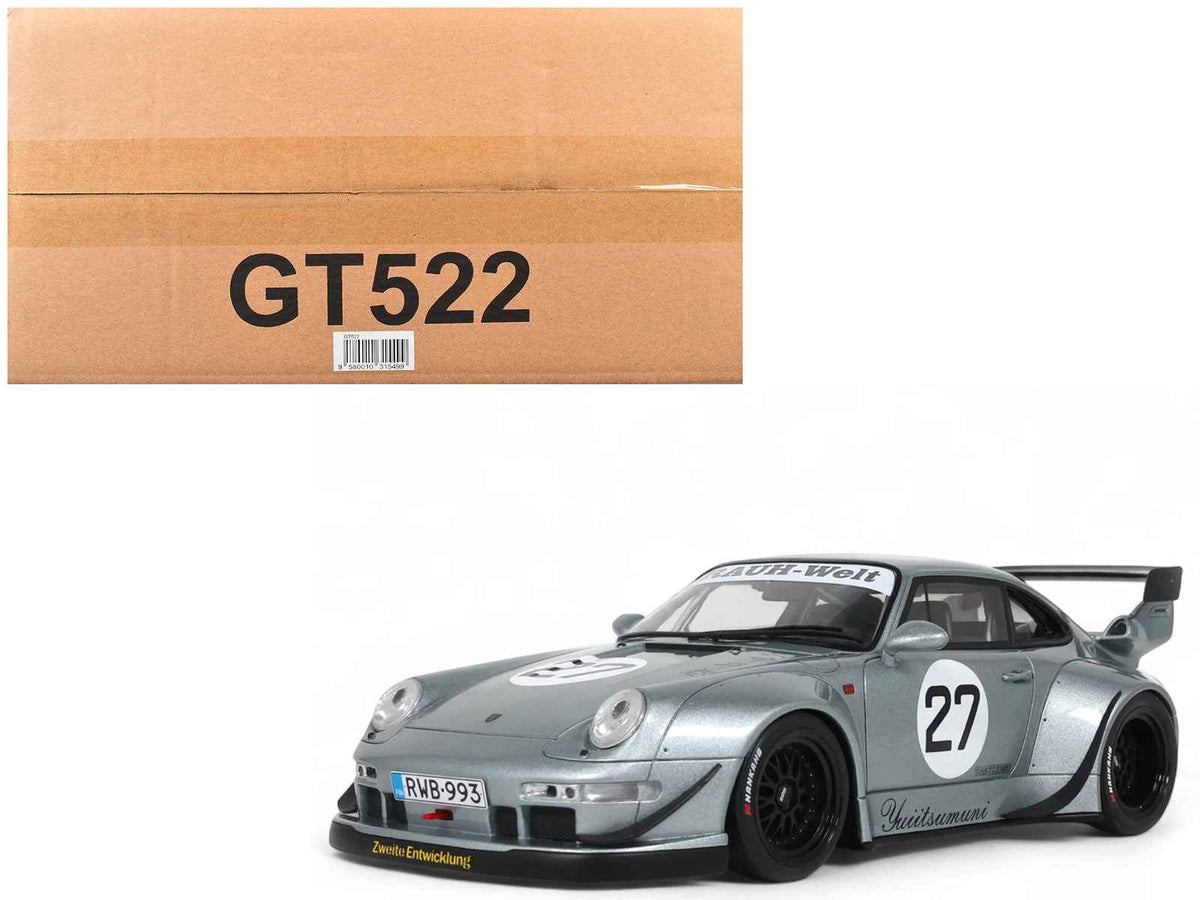 Silver metallic 1/18 scale RWB Yuiitsumuni #27 model car by GT Spirit, detailed miniature automotive collectible.