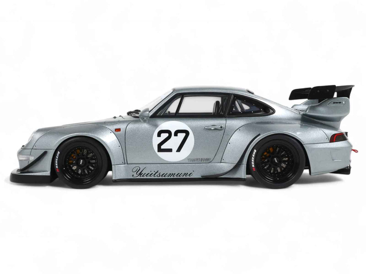 Silver metallic 1/18 scale RWB Yuiitsumuni #27 model car by GT Spirit, detailed miniature vehicle on display.