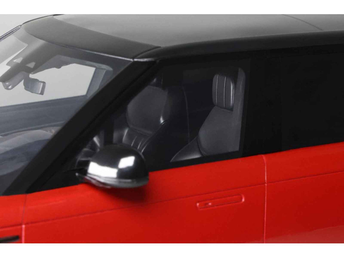 Miniature 1/18 scale Range Rover Sport model in Firenze Red Metallic by GT Spirit, detailed Land Rover collectible car.