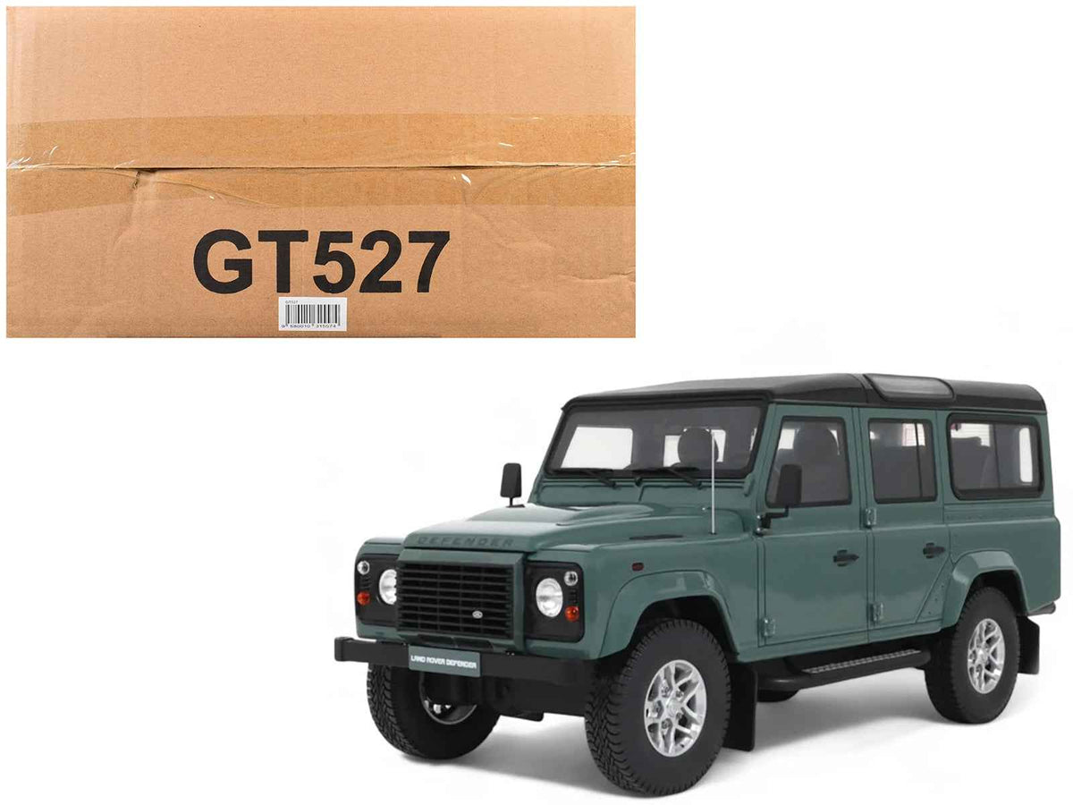 Green 2016 Land Rover Defender 3 Station Wagon miniature model by GT Spirit, detailed 1/18 scale Range Rover car.