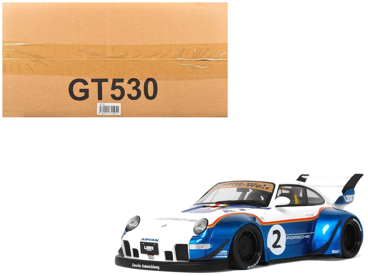 Miniature Motors 1/18 scale model car featuring the 2023 RWB x Liberty Walk Porsche 993 in white and blue metallic with graphics.