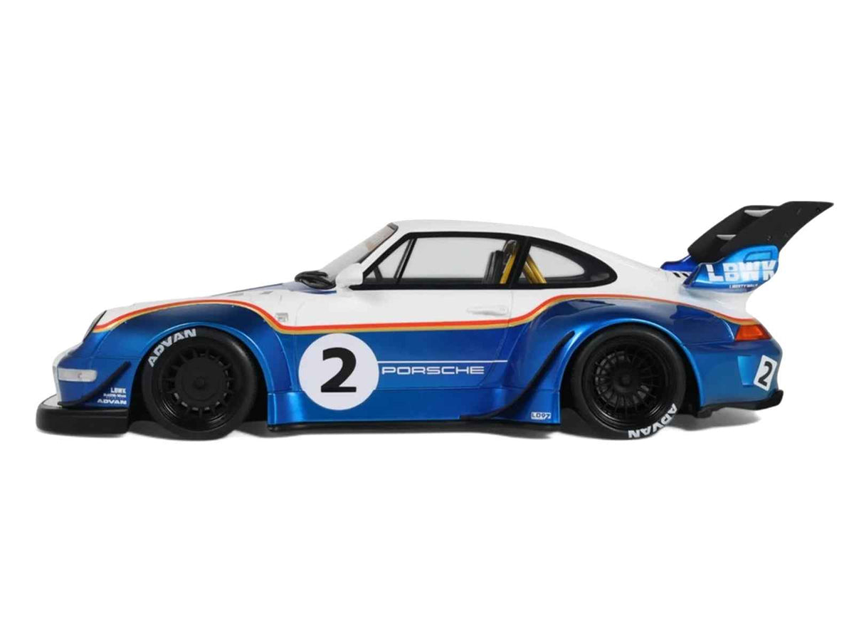Miniature 1/18 scale GT Spirit model car of the 2023 RWB x Liberty Walk Porsche 993 in white and blue metallic with graphics.