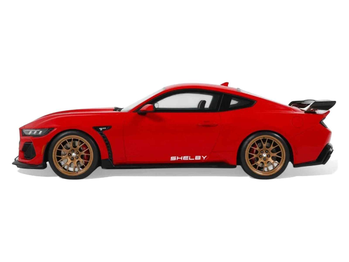 2025 Shelby Mustang Supersnake 1/18 scale model car in race red with white stripes by GT Spirit, detailed Shelby miniature.