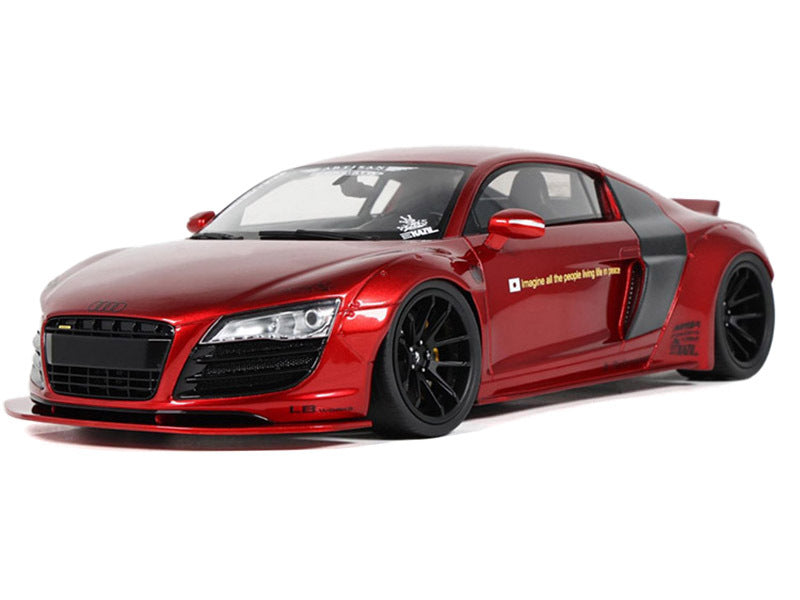 Red metallic 2022 Audi R8 LB Works 1/18 scale model car by GT Spirit, detailed miniature vehicle with realistic features.