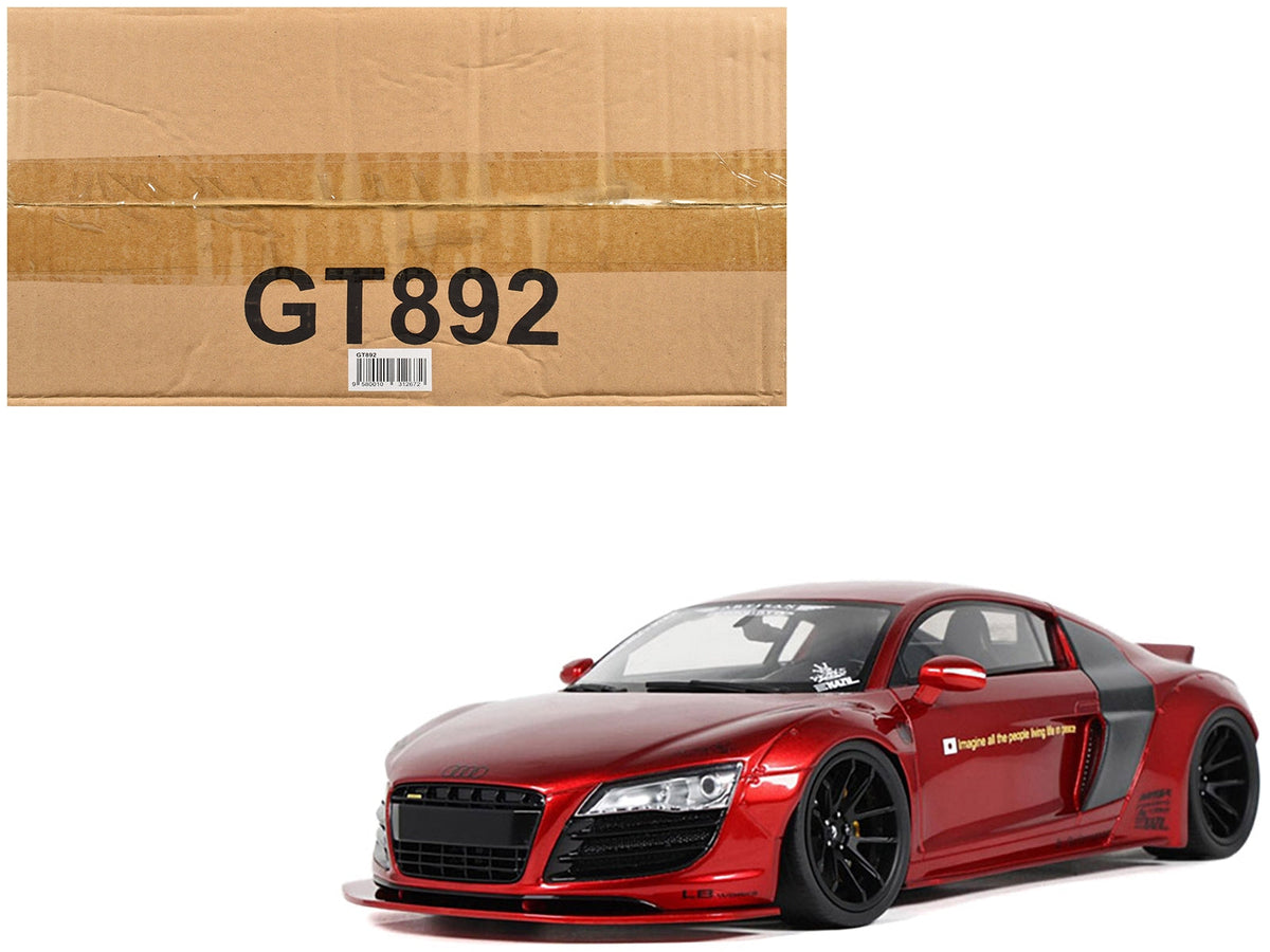 Red metallic 2022 Audi R8 LB Works 1/18 scale model car by GT Spirit, detailed miniature vehicle for collectors.