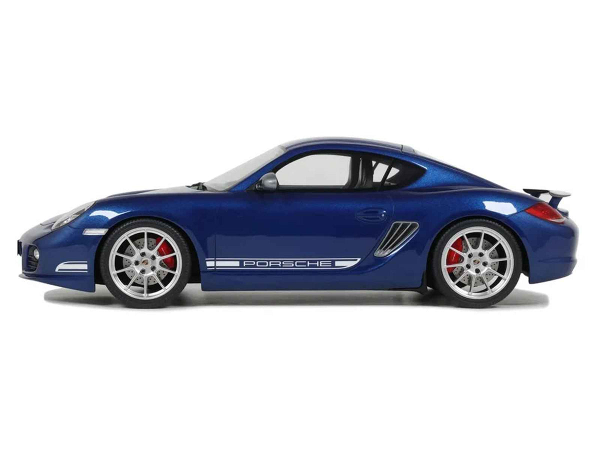 Miniature 1/18 Porsche Cayman R model car in aqua blue metallic by GT Spirit, detailed replica with realistic features.