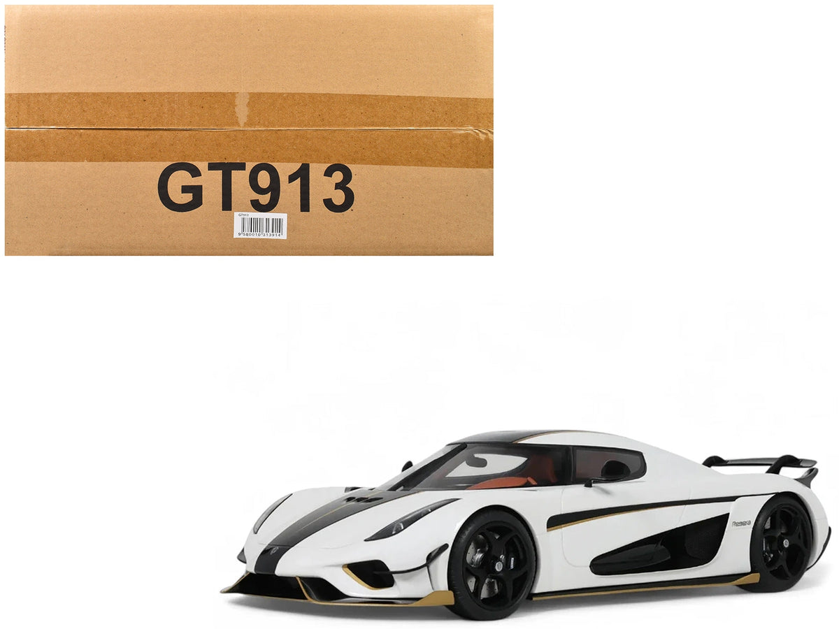 2023 Koenigsegg Regera 1/18 scale model car by GT Spirit, white with black stripes, detailed miniature of luxury sports car