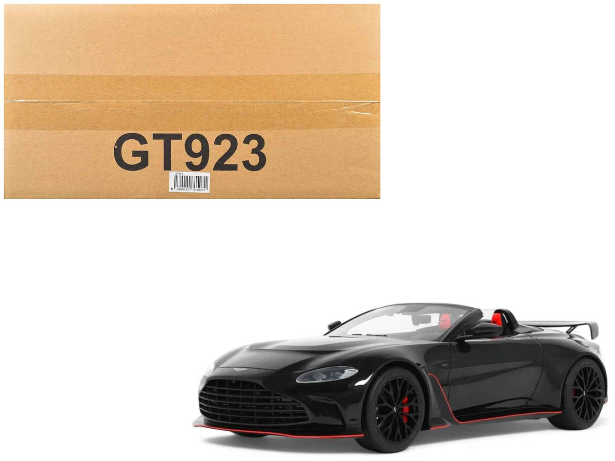 Miniature Aston Martin V12 Vantage Roadster 1/18 model car in Onyx Black by GT Spirit, detailed collectible display piece