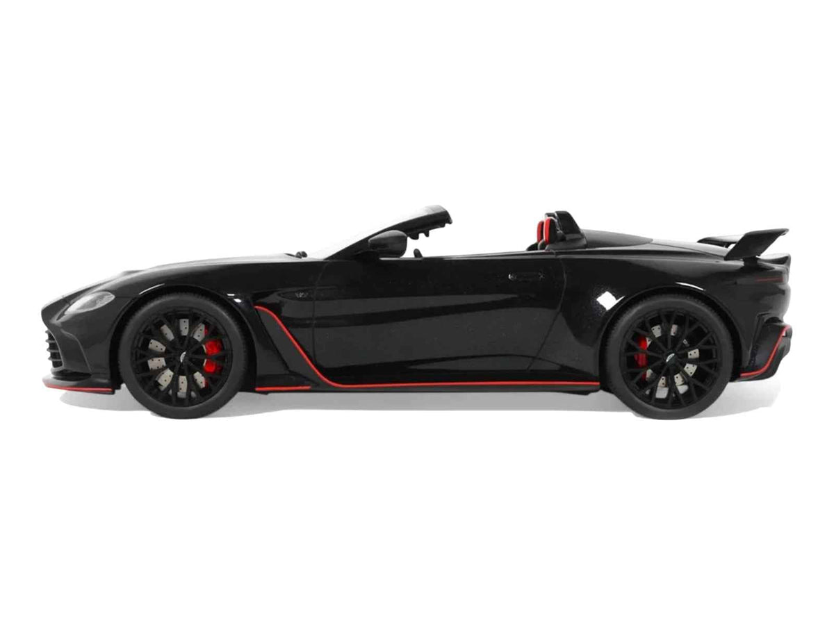 Miniature 2023 Aston Martin V12 Vantage Roadster model car in Onyx Black by GT Spirit, detailed 1/18 scale collectible.
