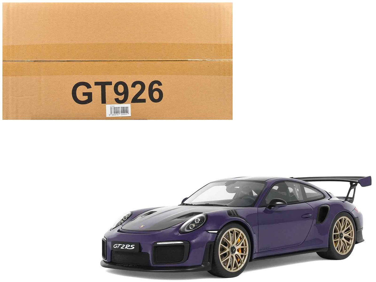 Miniature Porsche 911 (991.2) GT2 RS model car in Ultraviolet Metallic with carbon stripes by GT Spirit, detailed 1/18 scale replica.