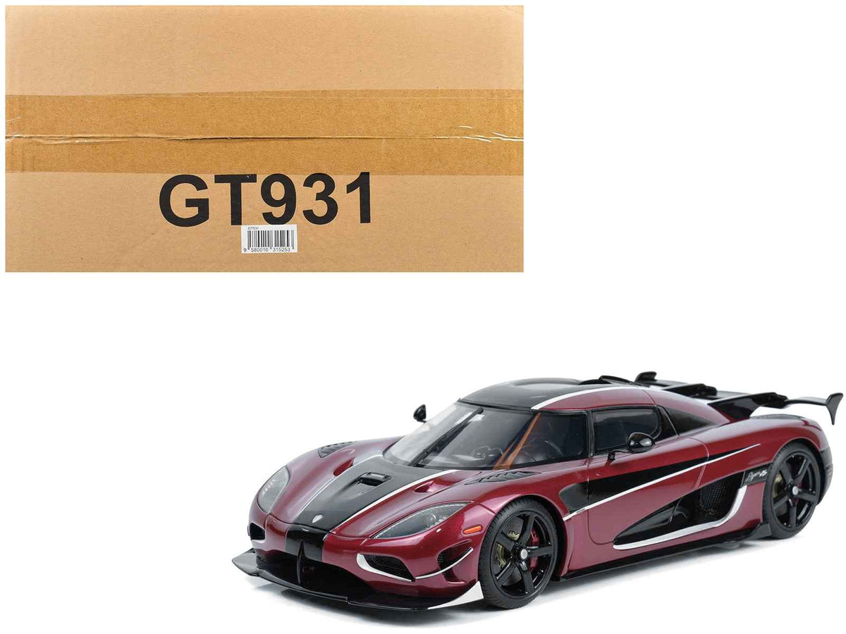2017 Koenigsegg Agera RS 1/18 model car by GT Spirit in deep red metallic with black stripes, detailed miniature vehicle.
