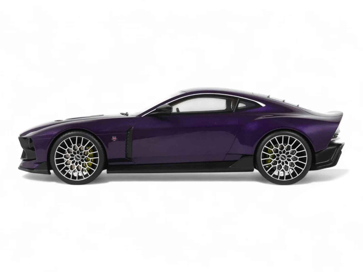 2023 Aston Martin Valour purple metallic 1/18 scale model car by GT Spirit, detailed miniature Aston Martin collectible.