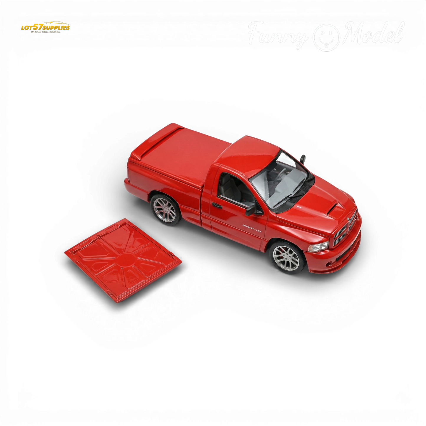 Red Dodge RAM SRT-10 diecast model in 1:64 scale with flame details, showcasing a fun and detailed vehicle replica.