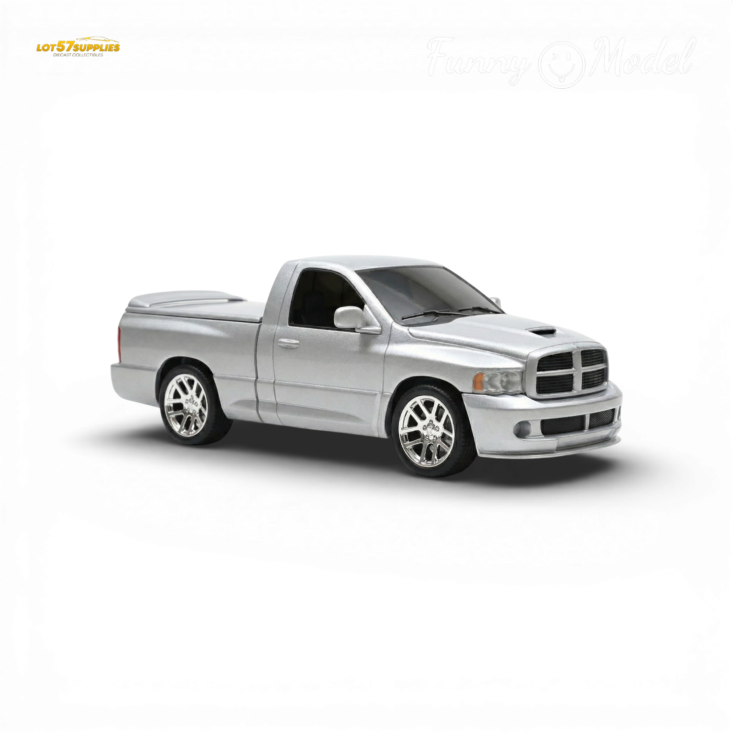 Silver Dodge RAM SRT-10 diecast model in 1:64 scale, featuring detailed design and realistic features from Lot57Supplies Diecast Shop