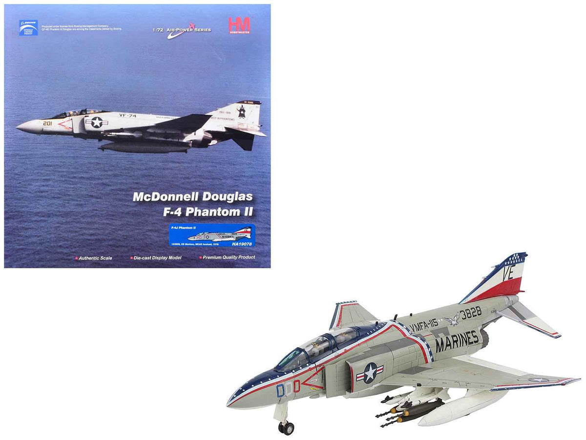 Miniature Motors 1/72 diecast model of McDonnell Douglas F-4J Phantom II fighter-bomber aircraft in Marine Corps livery, displayed on a stand.