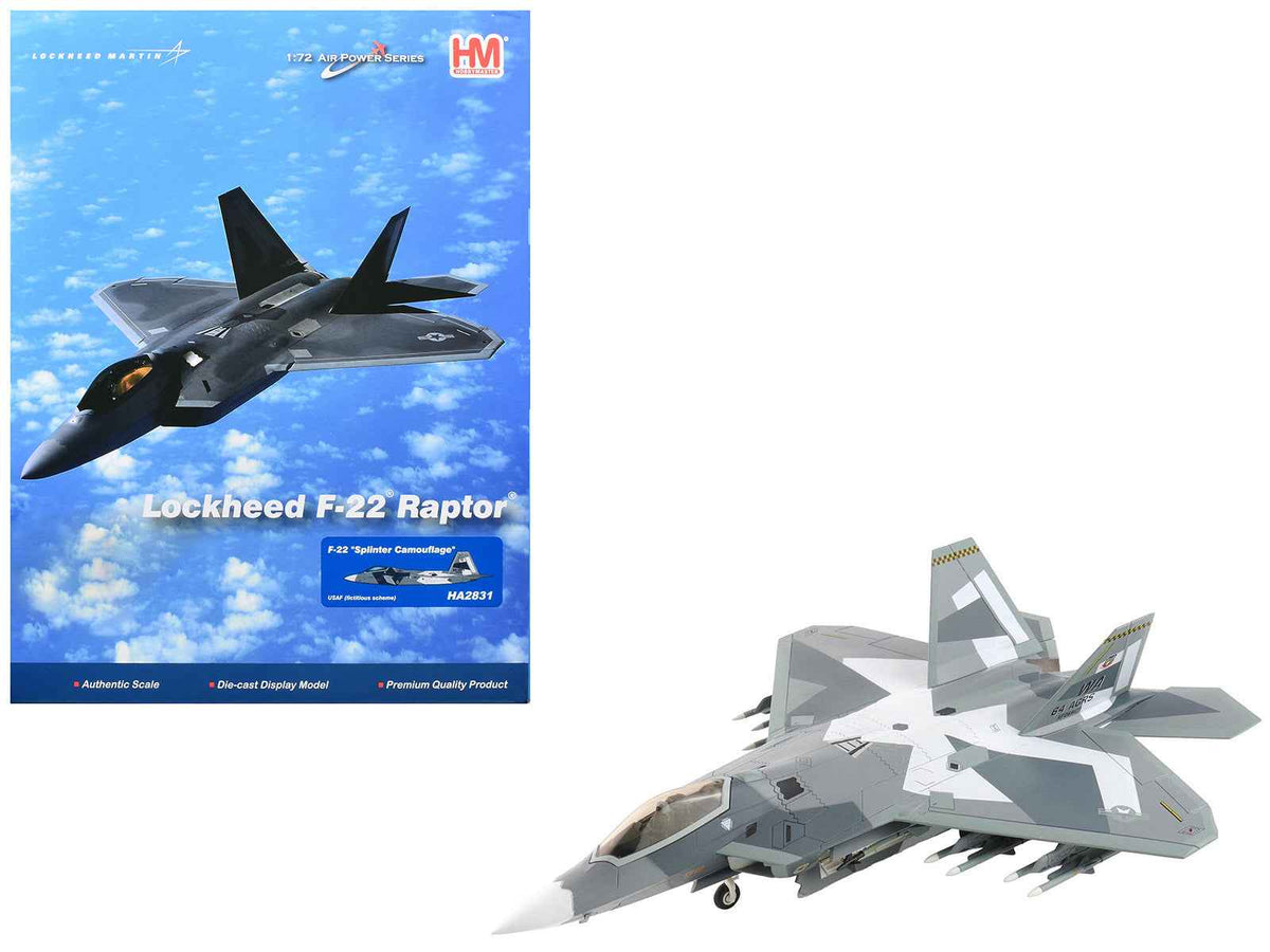 Lockheed F-22 Raptor stealth aircraft diecast model in splinter camouflage by Hobby Master, part of Air Power Series, 1/72 scale.