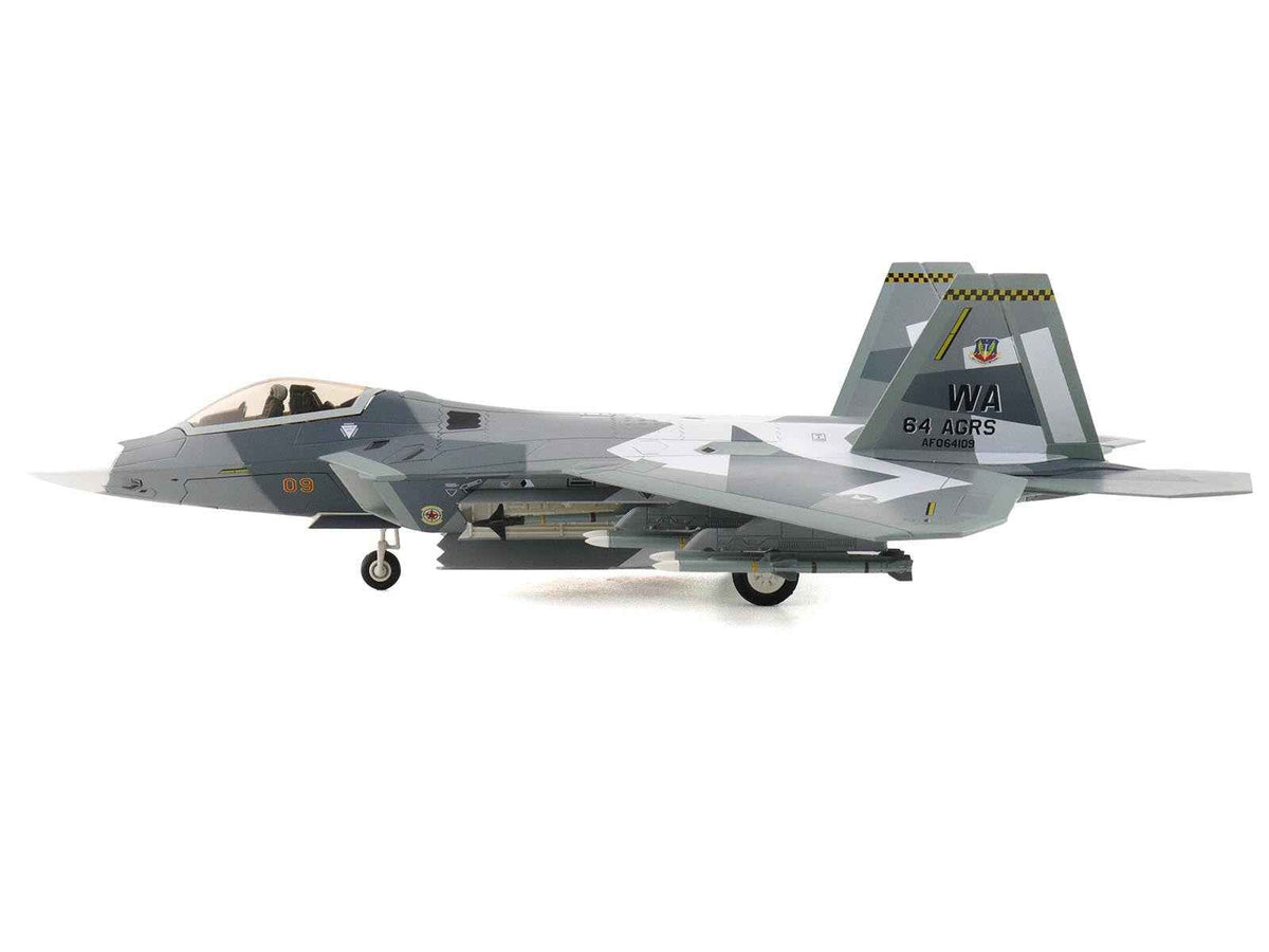 Lockheed F-22 Raptor stealth aircraft diecast model in splinter camouflage by Hobby Master, part of the Air Power Series.