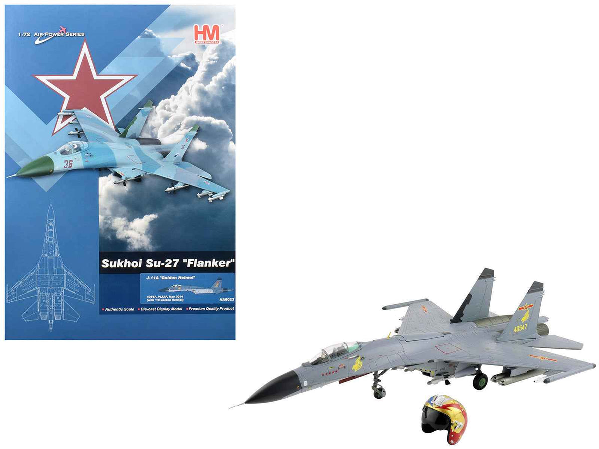 1/72 scale diecast model of Shenyang J-11A fighter aircraft with golden helmet, part of Hobby Master's Air Power Series.