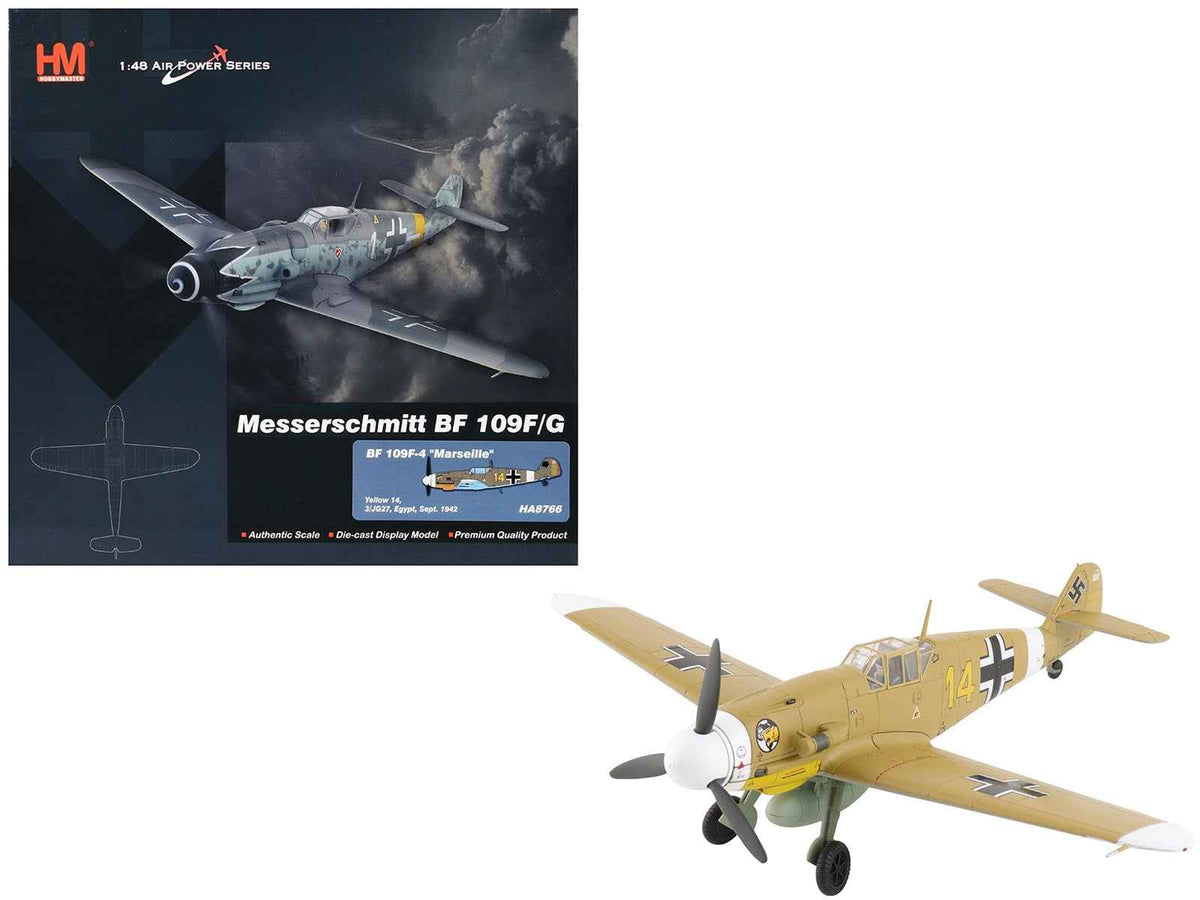 Miniature Motors 1/48 Messerschmitt Bf 109F-4 Luftwaffe fighter aircraft model with Marseille Yellow 14 markings, detailed diecast replica.