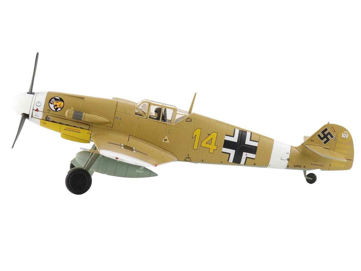 Diecast model of Messerschmitt Bf 109F-4 fighter aircraft "Marseille Yellow 14" by Hobby Master, German Luftwaffe, 1/48 scale.