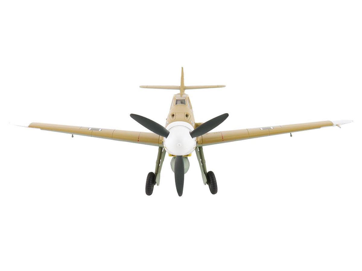 Miniature Motors 1/48 Diecast Messerschmitt Bf 109F-4 fighter aircraft model in Marseille Yellow 14, Luftwaffe 1942 Egypt scene.