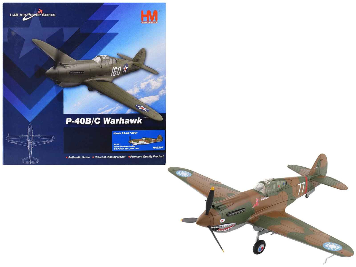 Miniature Motors 1/48 diecast model of Curtiss P-40B Hawk 81-A2 fighter-bomber aircraft from the American Volunteer Group in China.