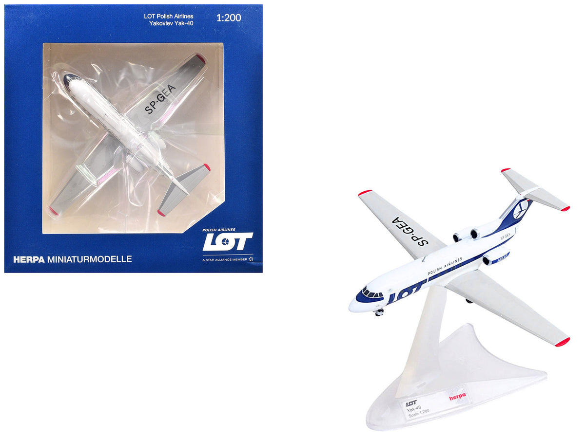 Miniature Motors Yakovlev Yak-40 aircraft model in white with blue stripes and tail, representing LOT Polish Airlines, 1/200 scale.