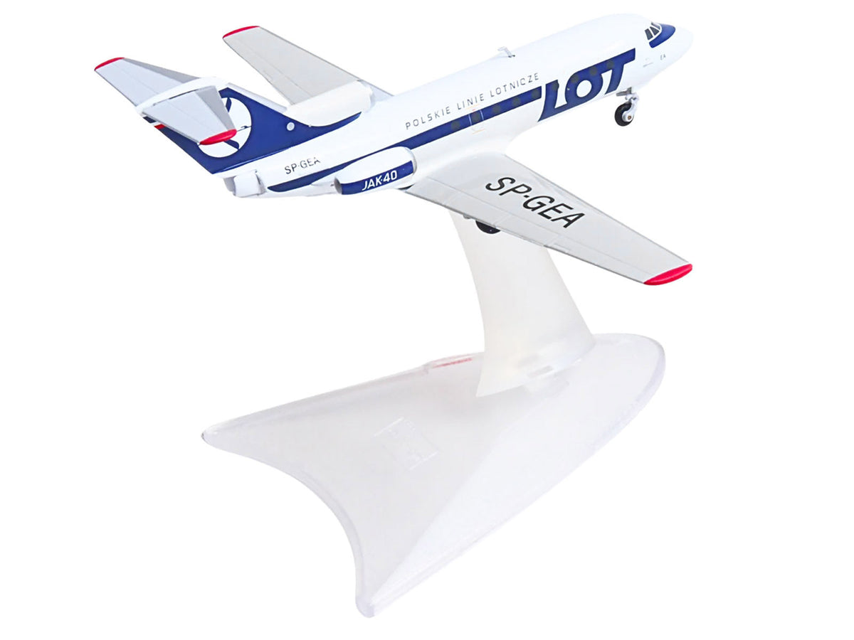 Miniature Motors Yakovlev Yak-40 model airplane in white with blue stripes and tail, detailed 1/200 diecast aircraft by Herpa