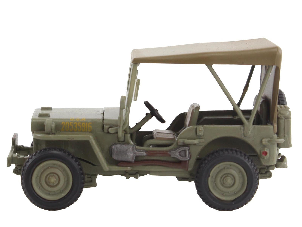Miniature Motors 1/72 diecast model of U.S. 1/4 ton military vehicle in olive drab, depicting Gen. MacArthur Leyte WWII scene