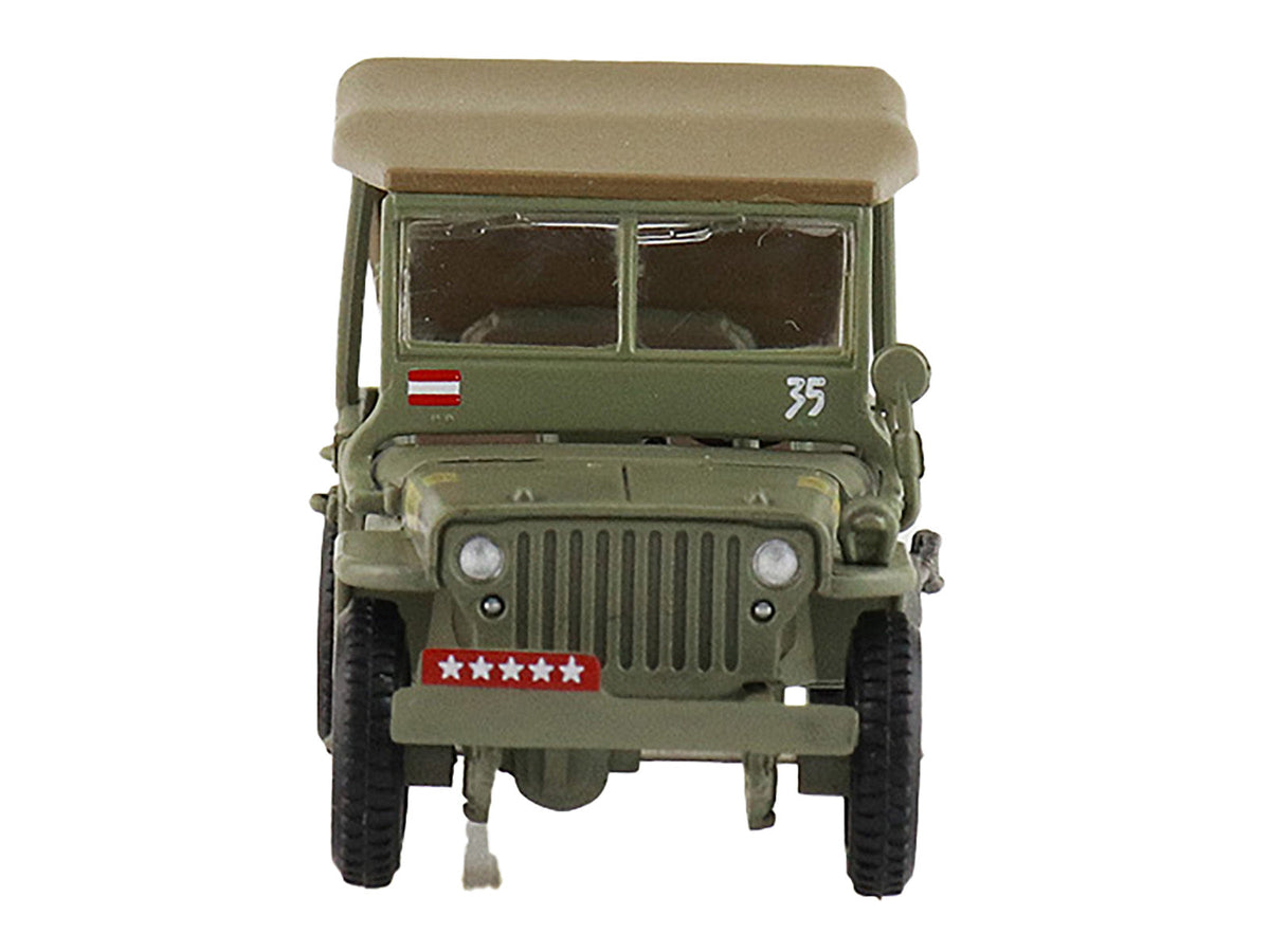 U.S. 1/4 ton military vehicle diecast model in olive drab, representing Gen. Douglas MacArthur's WWII Leyte ground vehicle by Hobby Master