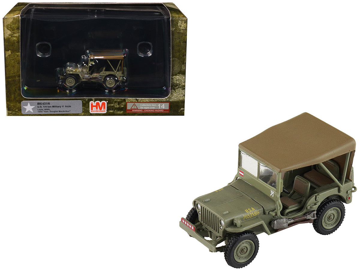 U.S. 1/4 ton military vehicle diecast model in olive drab, representing WWII Gen. MacArthur Leyte from Hobby Master Ground Power Series