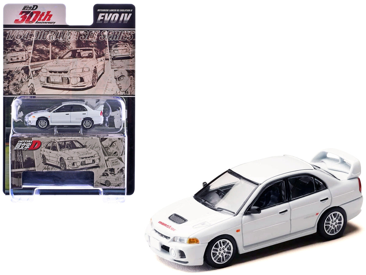 White Mitsubishi Lancer RS Evolution IV RHD diecast model car by Hobby Japan, from Diorama Set Series, detailed 1/64 scale.