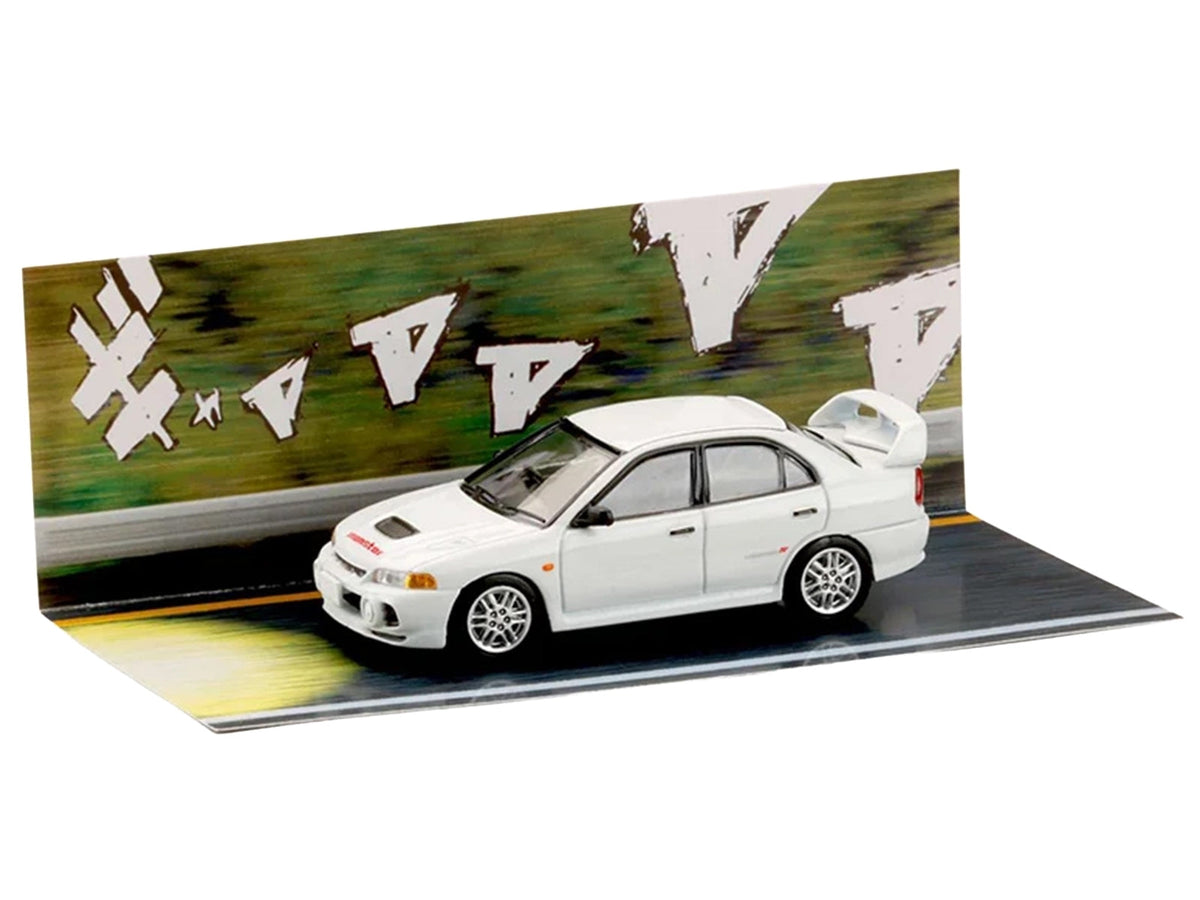 White Mitsubishi Lancer RS Evolution IV RHD diecast model car by Miniature Motors, from Diorama Set Series, detailed 1/64 scale.
