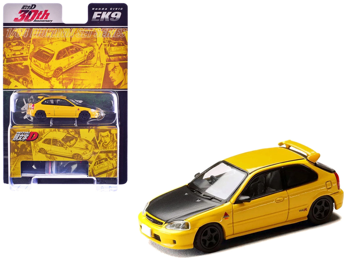 Yellow Honda Civic EK9 RHD diecast model by Miniature Motors, with carbon hood, inspired by Initial D manga, 1/64 scale.