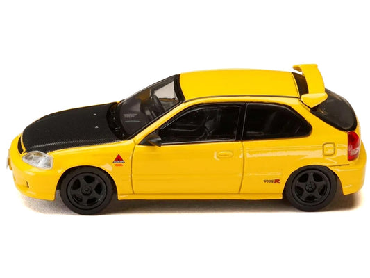 Honda Civic (EK9) RHD (Right Hand Drive) Yellow with Carbon Hood "Initial D" (1995-2013) Manga "Diorama Set Series" 1/64 Diecast Model car by Hobby Japan
