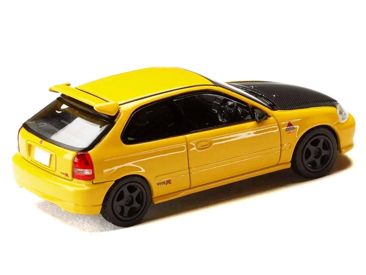 Yellow Honda Civic EK9 RHD diecast model by Miniature Motors, featuring carbon hood, from “Initial D” manga diorama set series.
