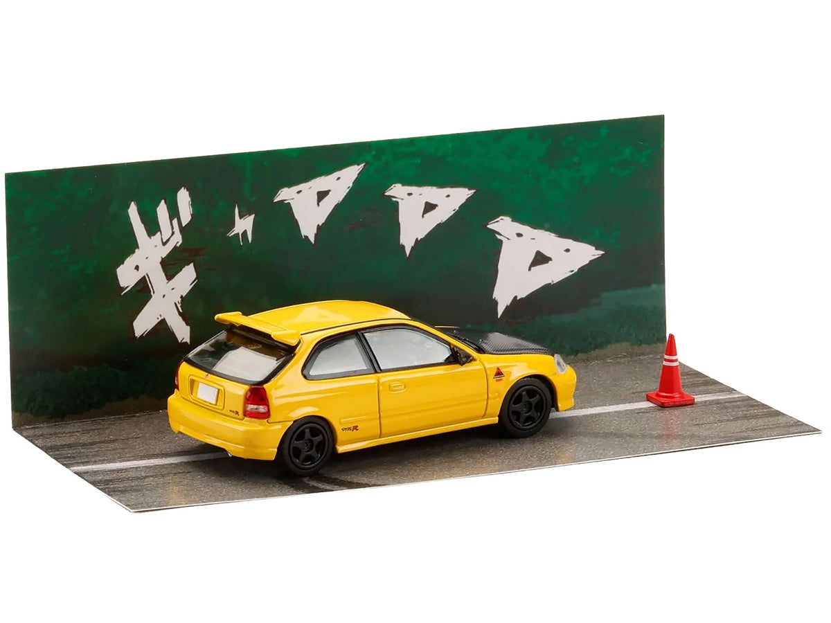 Yellow Honda Civic EK9 RHD diecast model by Miniature Motors, featuring a carbon hood and "Initial D" manga design.