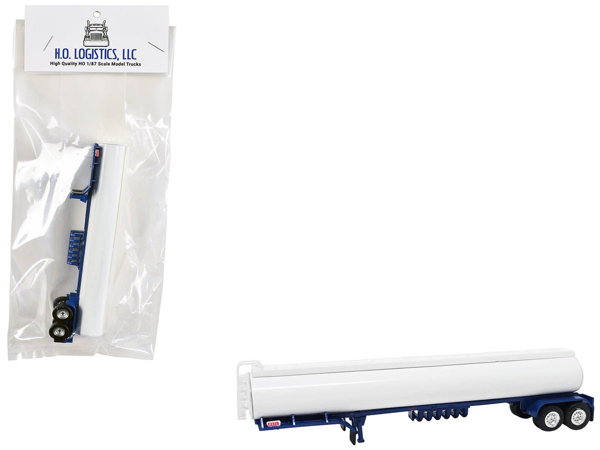 White and blue 1/87 scale HO tanker trailer plastic model by Miniature Motors, detailed HO Logistics accessory for model collections.