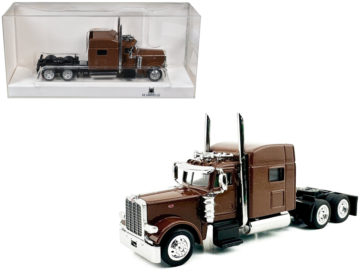 Detailed image of Miniature Motors Peterbilt 389 truck tractor with sleeper cab in brown metallic, HO scale plastic model by HO Logistics.