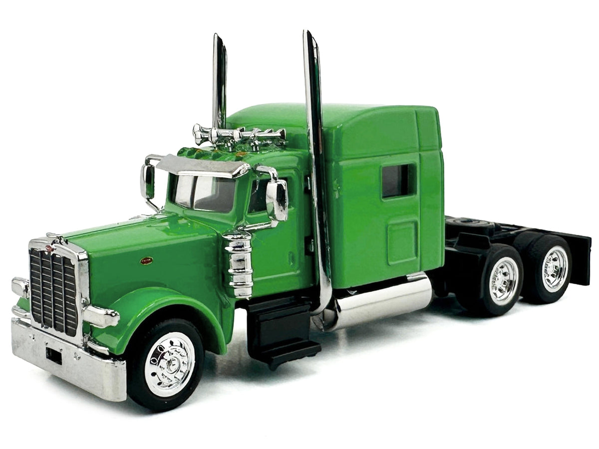 Lime green Peterbilt 389 truck tractor with sleeper cab miniature model by Miniature Motors, HO scale plastic truck model.