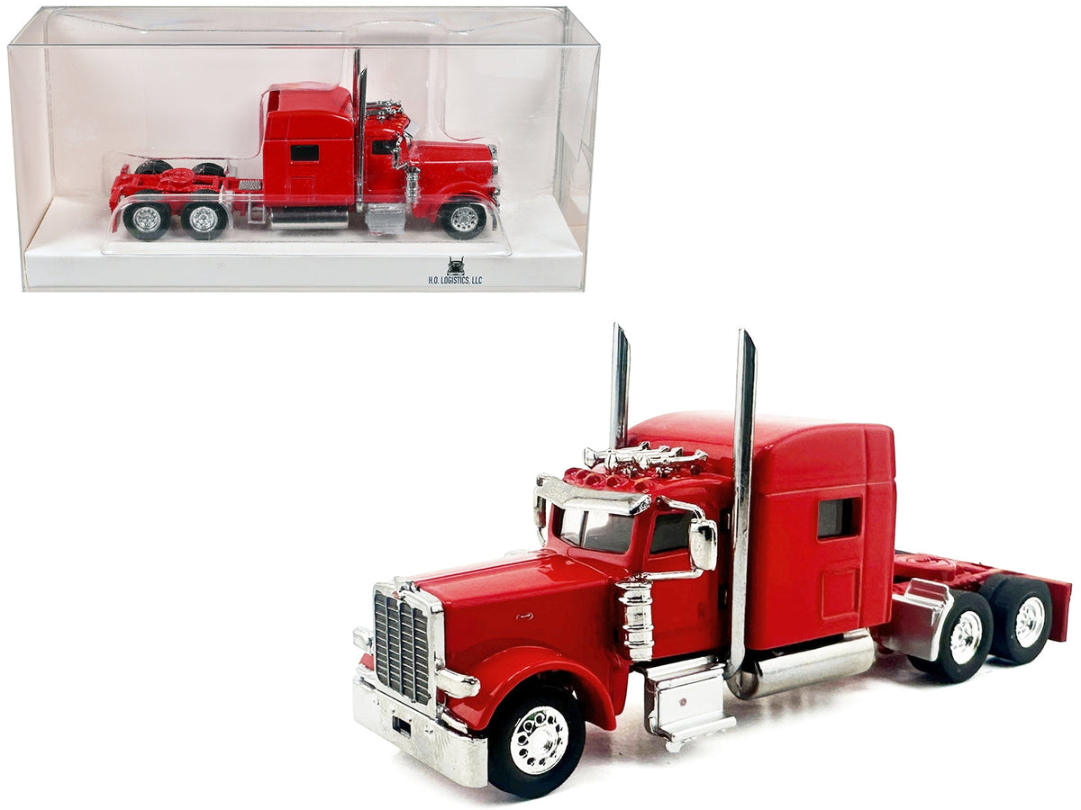 Red Peterbilt 389 truck tractor with sleeper cab miniature model in 1/87 scale by Miniature Motors, detailed plastic HO scale car.