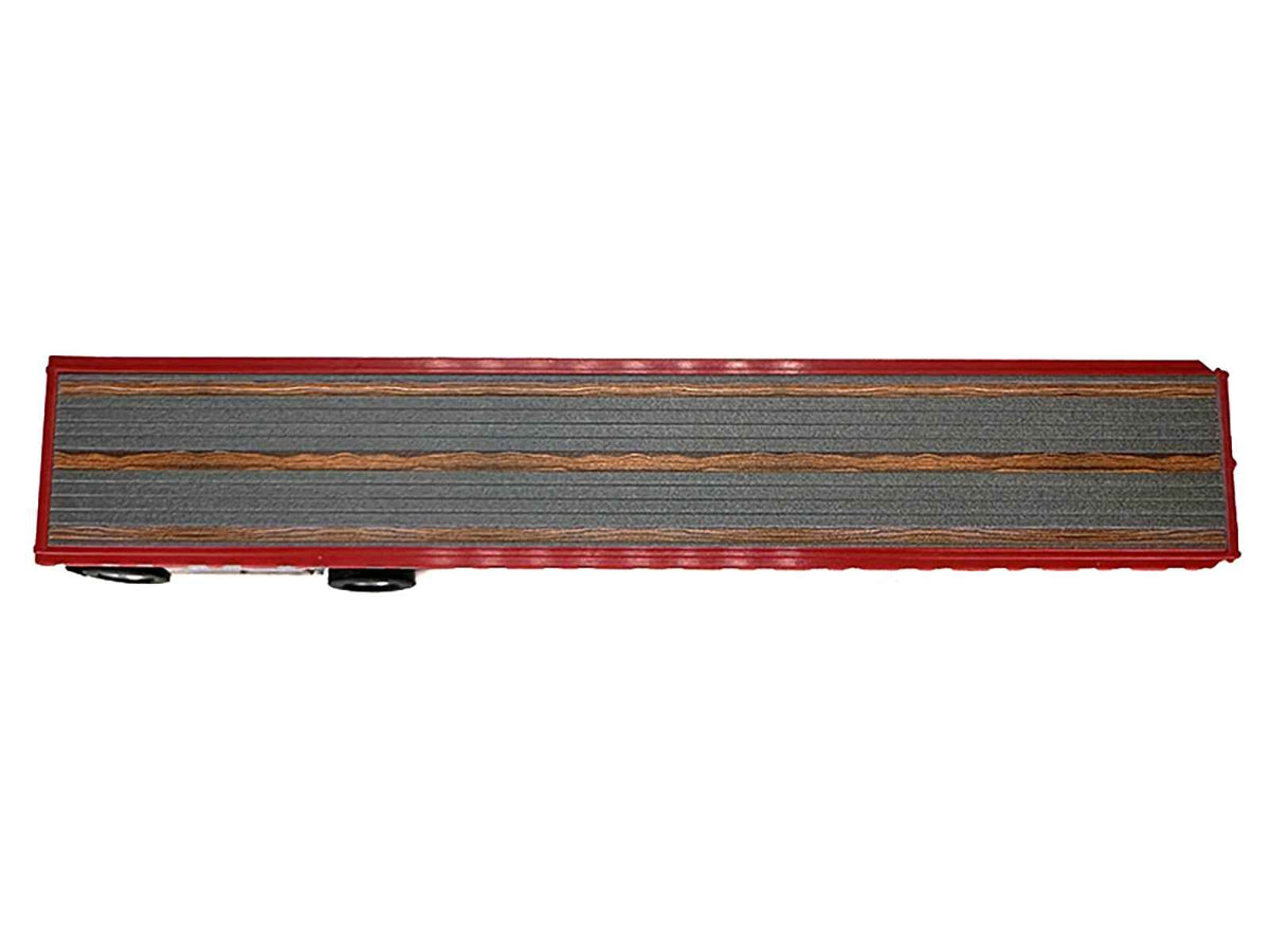 Red 1/87 HO scale High Boy Spread Axle Flatbed Trailer model by Miniature Motors, detailed plastic accessory for model cars.