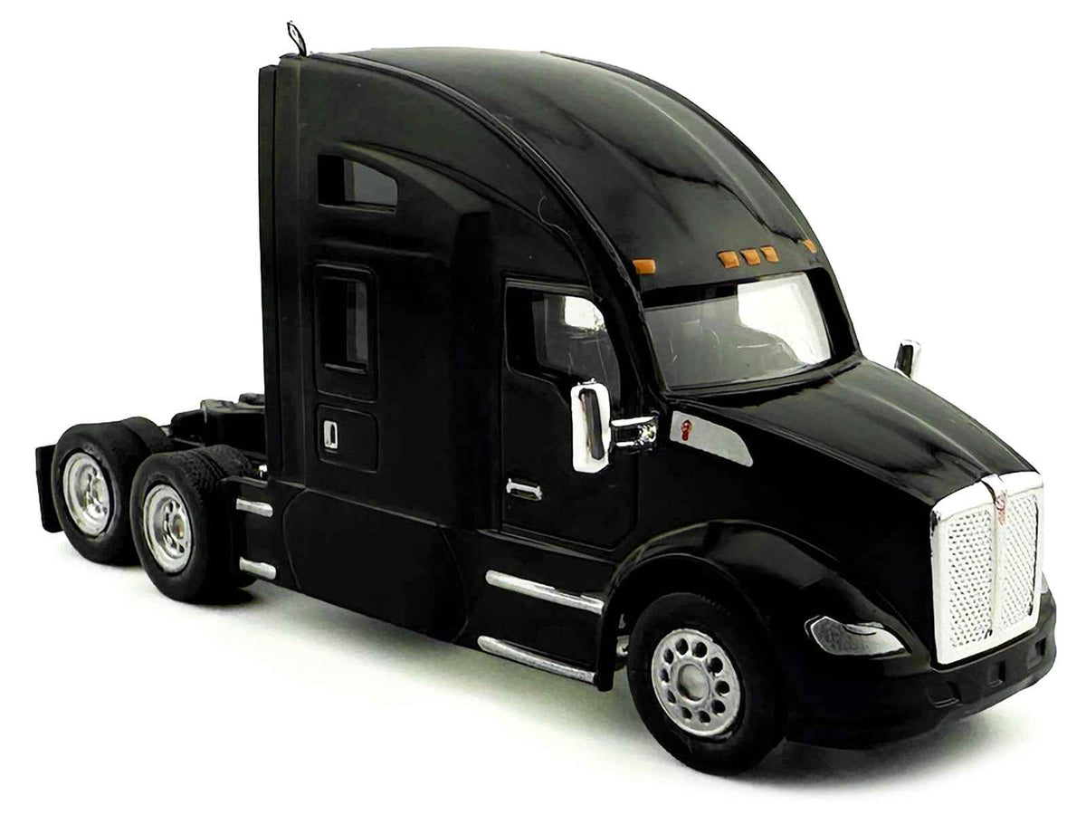 Black Kenworth T680 sleeper cab model in 1/87 scale by Miniature Motors, detailed plastic model car for collectors.