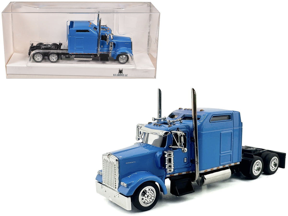Miniature Motors Kenworth W900L truck tractor model in baby blue, 1/87 scale, detailed plastic replica with sleeper cab.